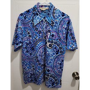 Vtg 60s Men's Tropicana Short Sleeve Hawaiian Shirt Zip Neck Blue/Purple Size L
